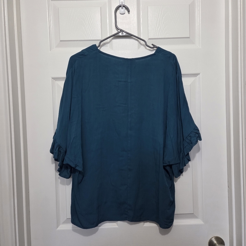 ANDREE By Unit V-neck Flowy Peasant Ruffled Short Sleeve Teal Blouse Size Small - Picture 3 of 7